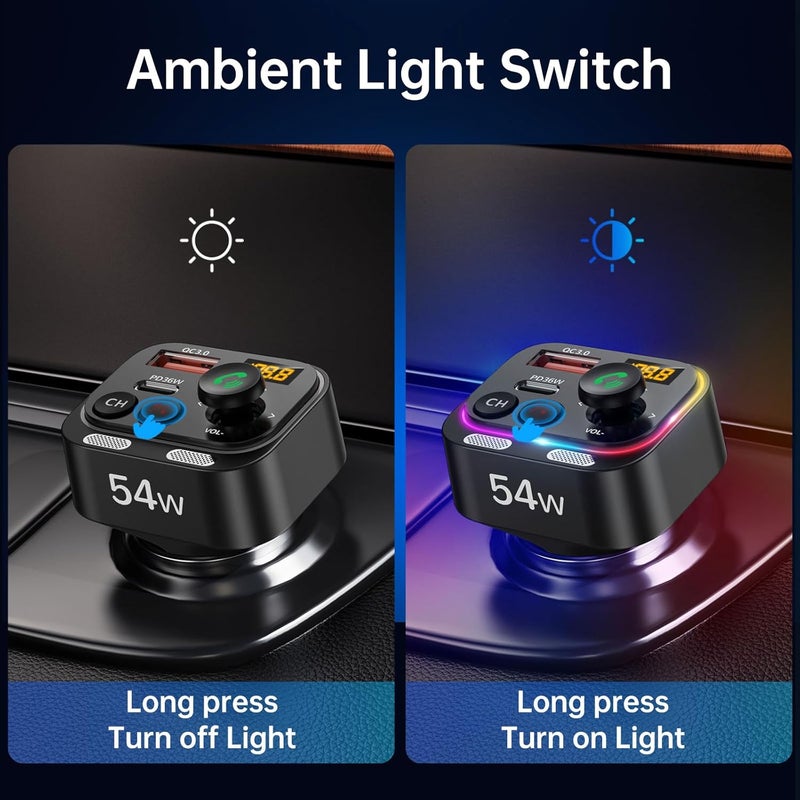 Syncwire Bluetooth 5.4 FM Transmitter Car Adapter 54W (PD 36W & 18W) [Stronger Dual Mics] [Light Switch] [HiFi Bass Sound] [Fast Charging] Wireless Radio Receiver Hands-Free Calling LED Display - Image 5